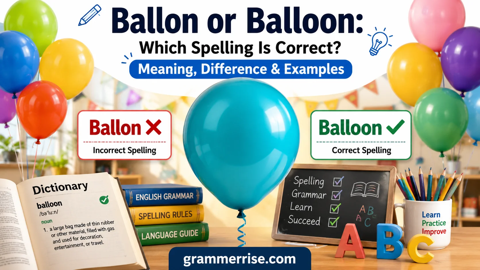 Ballon or Balloon spelling comparison showing correct balloon spelling with colorful realistic balloons and grammar learning design.