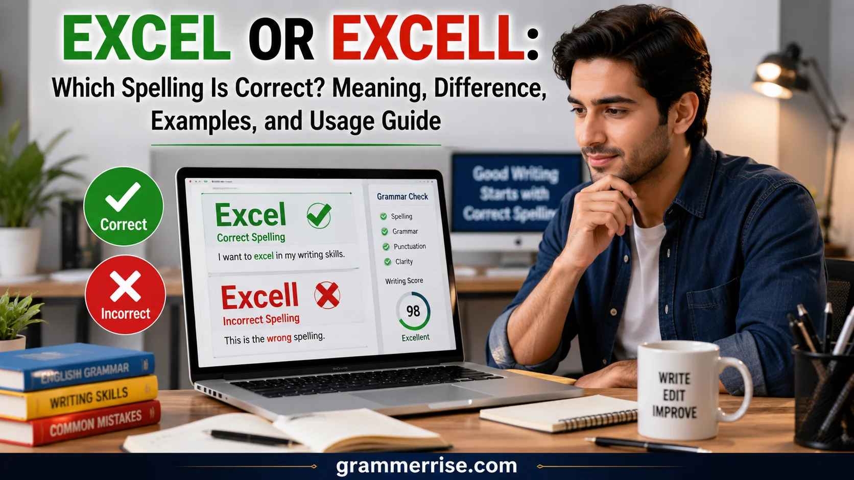 Excel or Excell spelling comparison showing correct Excel and incorrect Excell with grammar correction concept.