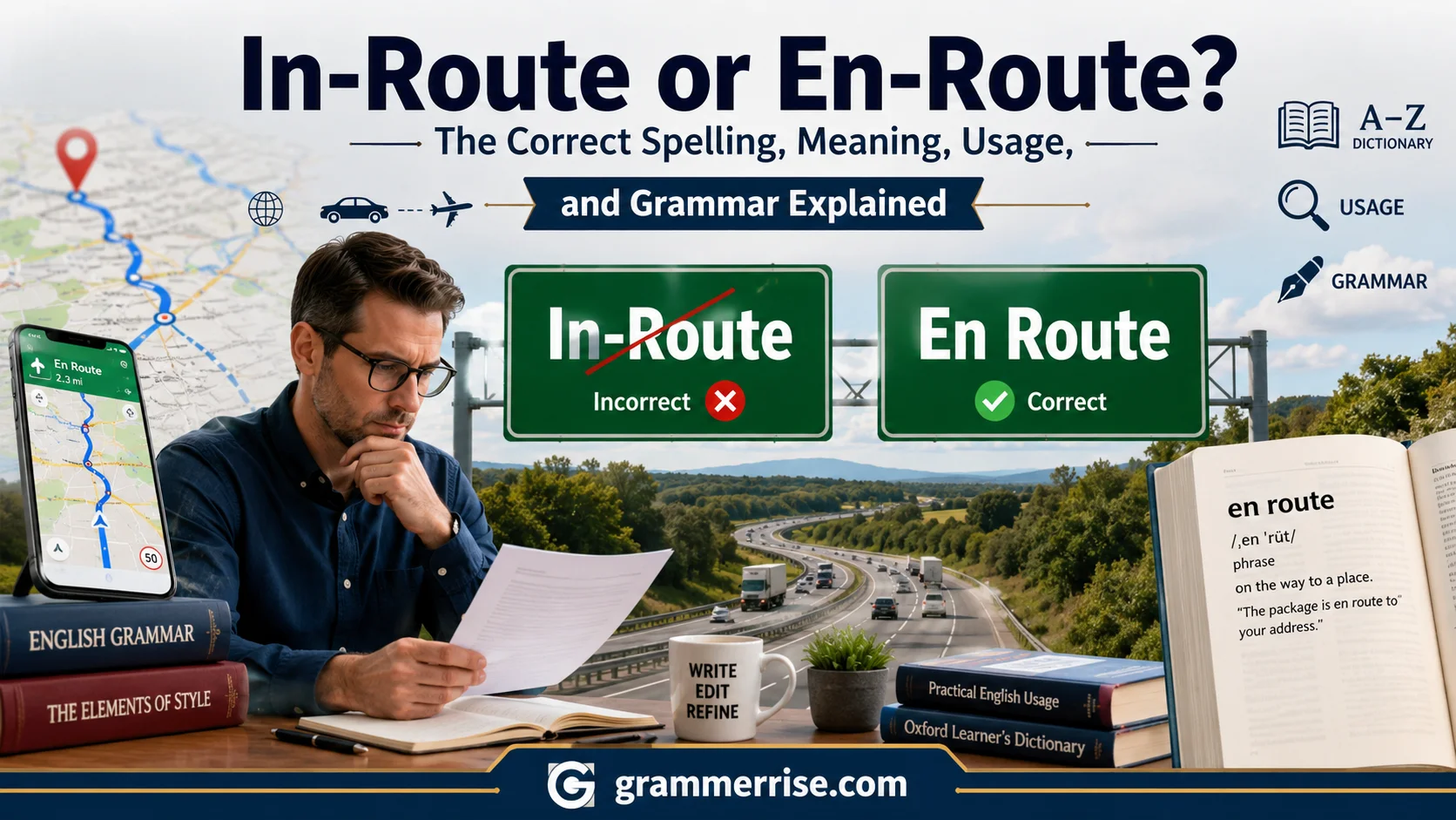 In-Route or En-Route grammar comparison showing the correct spelling en route with road signs and language reference elements.