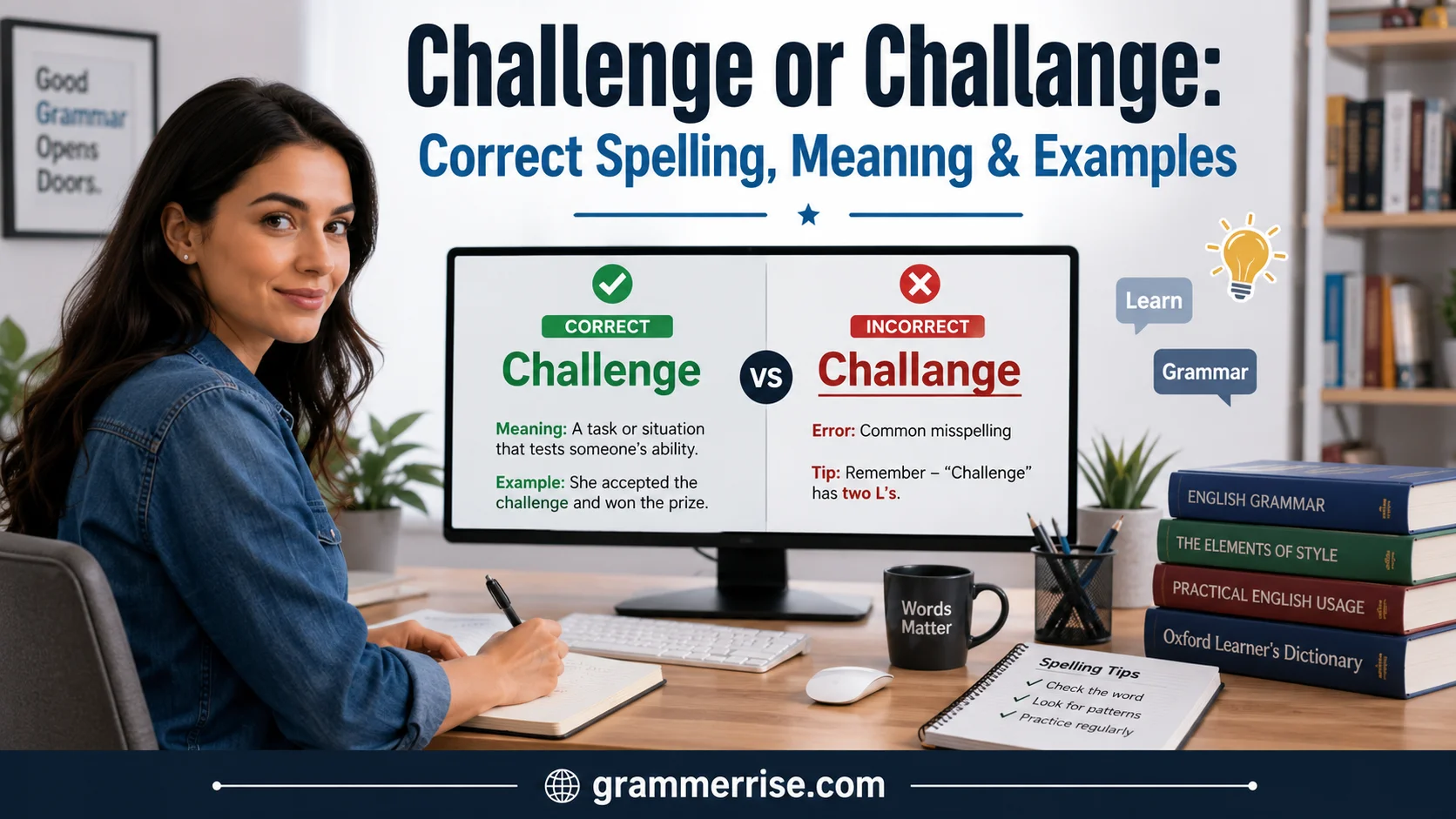 Challenge or Challange spelling comparison with realistic grammar learning scene.