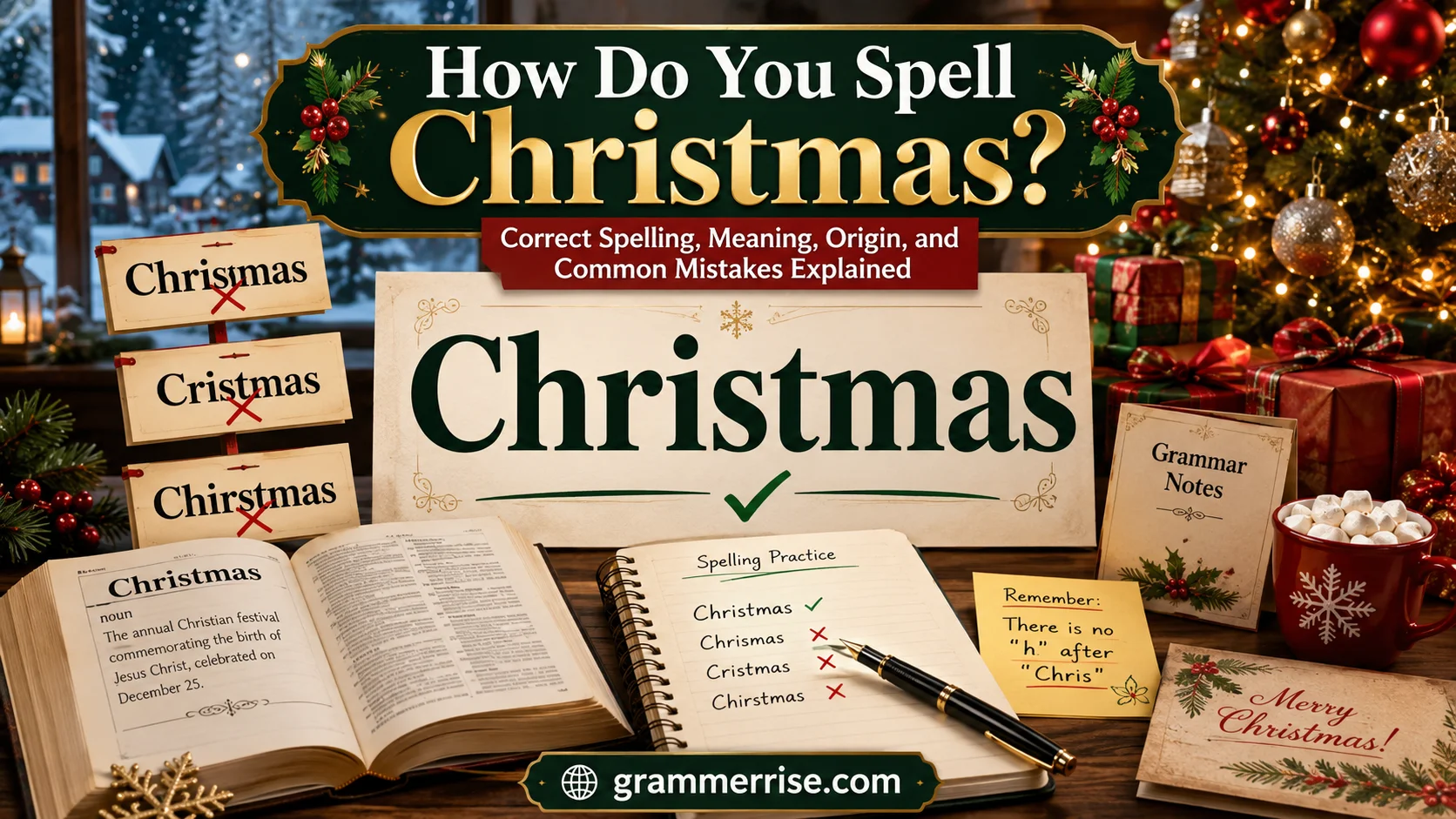 How do you spell Christmas correctly with Christmas spelling mistakes, grammar guide, and holiday vocabulary explanation.