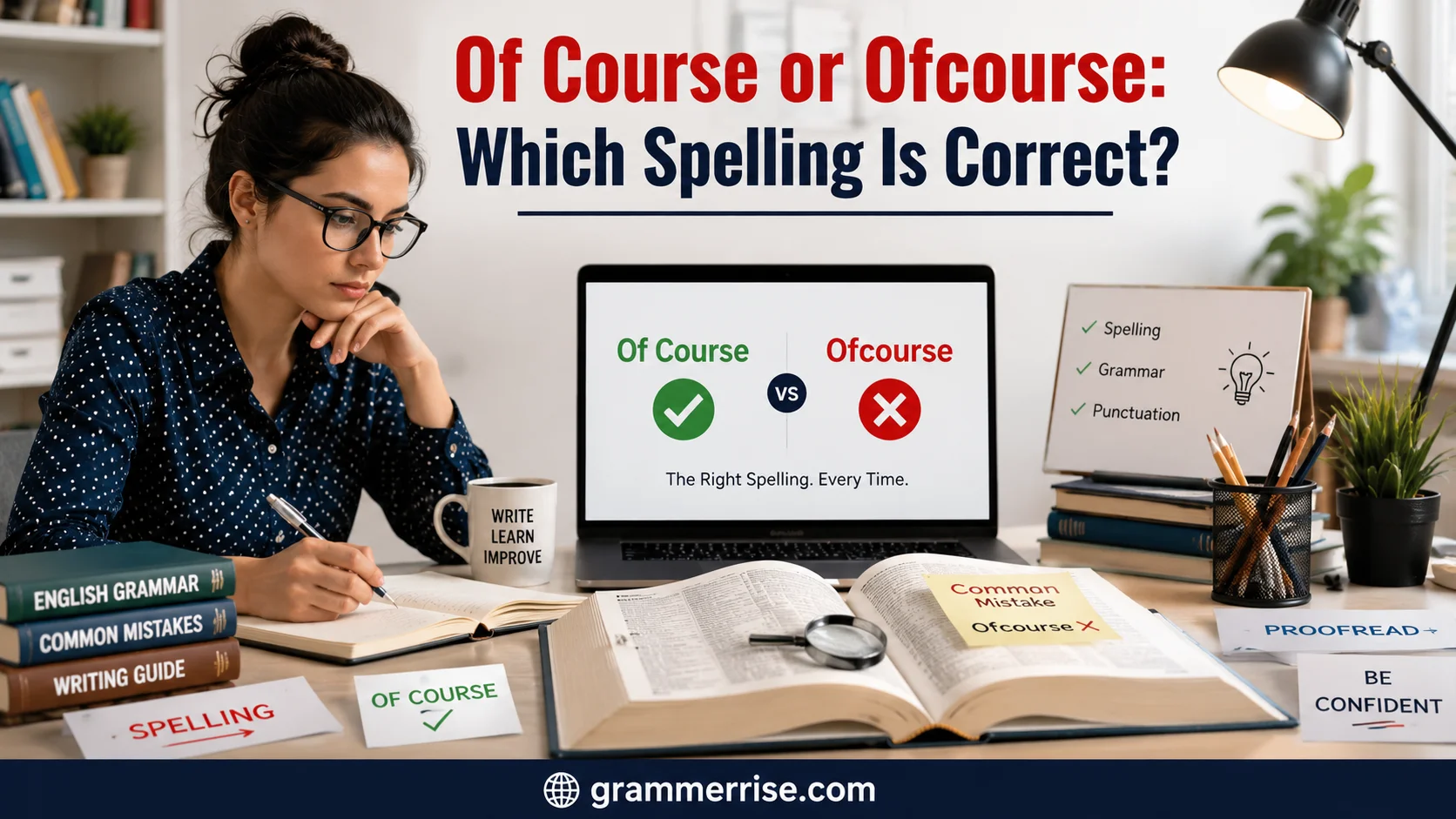 Of Course or Ofcourse spelling comparison showing correct English grammar rules.