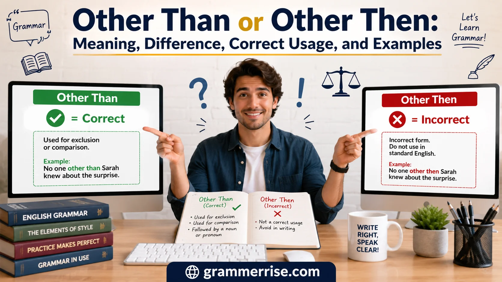 Realistic grammar education banner showing a person comparing “Other Than” and “Other Then” with correct and incorrect usage examples, featuring grammerrise.com branding.
