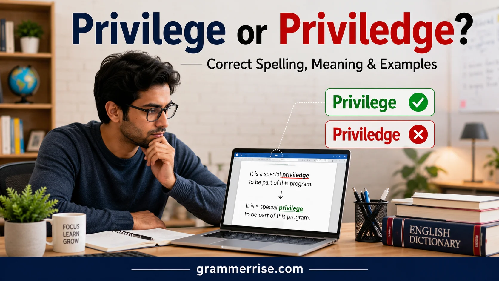 Privilege or Priviledge spelling comparison showing correct English usage with a realistic student learning grammar.