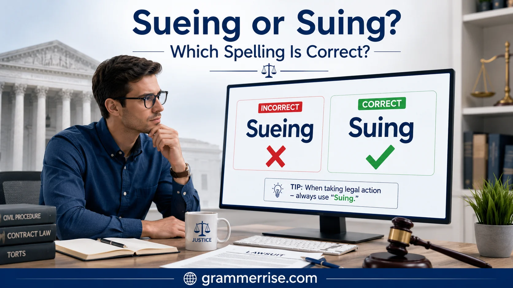 Sueing or Suing spelling comparison showing the correct word suing and incorrect word sueing with legal symbols.
